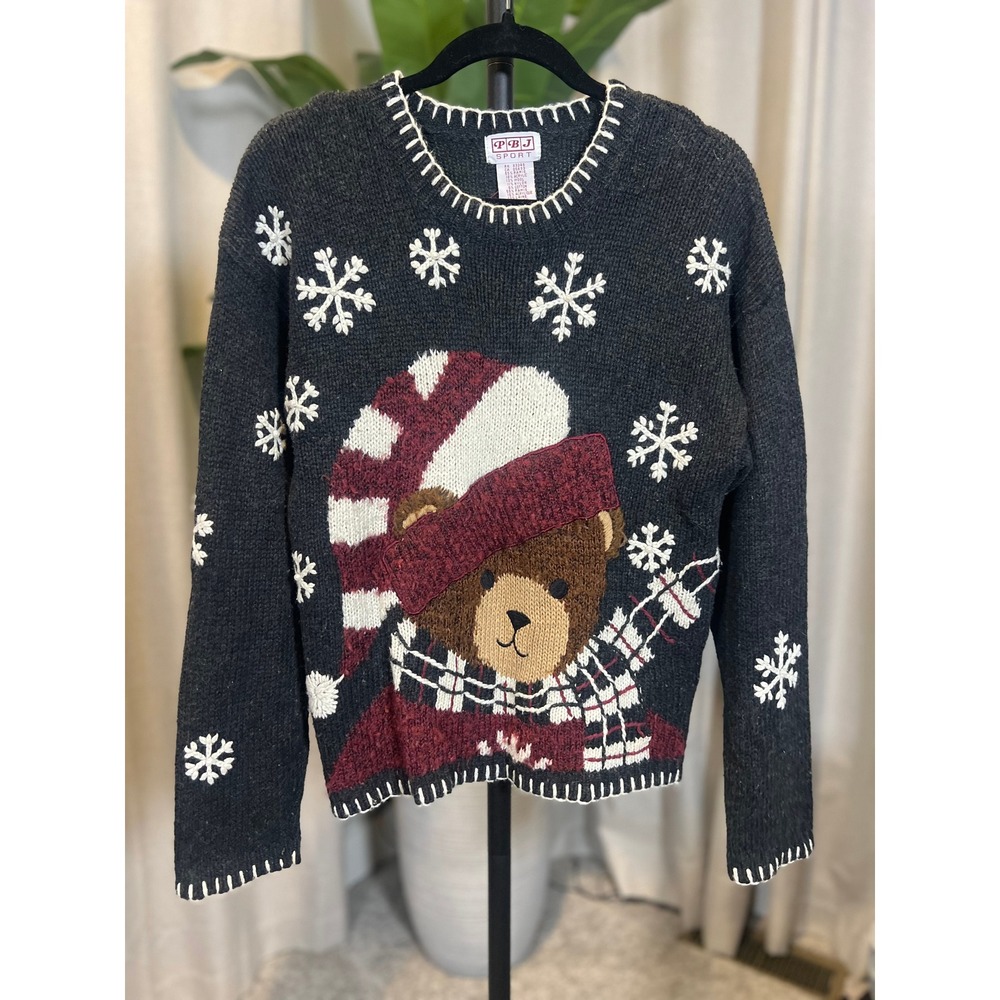 PBJ Sport Vintage Teddy Bear Snowflake Knit Sweater Gray Ramie Wool Blend L